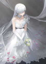 Rule 34 | 1girl, anastasia (fate), asymmetrical clothes, bare shoulders, blue eyes, bouquet, breasts, choker, cleavage, closed mouth, collarbone, curtains, dress, earrings, elbow gloves, eyes visible through hair, fate/grand order, fate (series), flower, full body, gloves, hair flower, hair ornament, hair over one eye, highres, holding, holding bouquet, jewelry, large breasts, leaning forward, long hair, looking away, looking to the side, modare, petals, rose, silver hair, single strap, sitting, sleeveless, sleeveless dress, solo, very long hair, white choker, white dress, white flower, white gloves, white rose