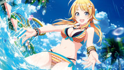 Rule 34 | 1girl, :d, ahoge, bikini, blonde hair, blue eyes, blue sky, blurry, blurry foreground, breasts, cleavage, cowboy shot, cropped, day, depth of field, dutch angle, fisheye, flower, from below, front-tie bikini top, front-tie top, hachimiya meguru, hair flower, hair ornament, highres, idolmaster, idolmaster shiny colors, jewelry, layered bikini, long hair, looking at viewer, low twintails, medium breasts, navel, necklace, non-web source, official art, open mouth, orange bikini, outdoors, outstretched arms, side-tie bikini bottom, sky, smile, solo, splashing, swimsuit, tomari (veryberry00), twintails, water, water drop, wet