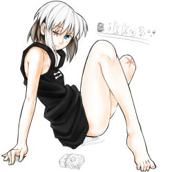 Rule 34 | amputee, arm support, bad id, bad pixiv id, barefoot, bikko, black hair, dress, hirasaki yuuya, leaning back, legs, looking at viewer, multicolored hair, no pants, one-eyed, original, scar, short dress, short hair, simple background, sitting, solo, toes, white background, white hair