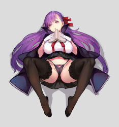 Rule 34 | 10s, 1girl, bb (fate), bb (fate/extra), black thighhighs, blush, book, breasts, cameltoe, fate/extra, fate/extra ccc, fate (series), full body, gloves, grey background, hair ribbon, heart, heart-shaped pupils, highres, lace, lace-trimmed legwear, lace trim, large breasts, lingerie, long hair, lying, necolab, on back, panties, purple eyes, purple hair, ribbon, simple background, solo, spread legs, symbol-shaped pupils, thighhighs, underwear, very long hair, white background, white gloves
