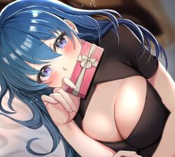Rule 34 | 1girl, blue eyes, blue hair, blush, box, breasts, byleth (female) (fire emblem), byleth (fire emblem), cleavage, cleavage cutout, clothing cutout, covering own mouth, fire emblem, fire emblem: three houses, flying sweatdrops, holding, holding box, large breasts, long hair, looking at viewer, lying, nintendo, on side, solo, tara (szzj7733), upper body, valentine