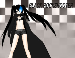 Rule 34 | 10s, 1girl, belt, bikini, bikini top only, black hair, black rock shooter, black rock shooter (character), blue eyes, boots, coat, female focus, flat chest, front-tie top, fukahire, fukahire (ruinon), gloves, glowing, glowing eye, glowing eyes, hatsune miku, hood, hooded jacket, jacket, knee boots, long hair, midriff, navel, short shorts, shorts, solo, star (symbol), swimsuit, twintails, uneven twintails, very long hair, vocaloid
