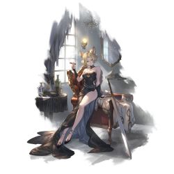Rule 34 | 1girl, animal ears, anklet, arm support, armchair, bare legs, bare shoulders, black dress, black footwear, blonde hair, breasts, broken mirror, chair, chandelier, cigar, cleavage, clothing cutout, coat, unworn coat, curtains, detached collar, dress, elea (granblue fantasy), erune, fingerless gloves, full body, gloves, granblue fantasy, green eyes, high heels, hip flask, holding, holding cigar, jewelry, lips, long dress, looking at viewer, medium breasts, mirror, official art, parted bangs, parted lips, short hair, side slit, sitting, smoke, solo, sword, thighhighs, tile floor, tiles, torn curtains, transparent background, wall lamp, weapon, white coat, window
