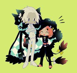 Rule 34 | 1boy, 1girl, ^ ^, animal ears, bell, black pants, black shirt, blue eyes, bone hair ornament, bow, cape, cat boy, cat ears, closed eyes, closed mouth, crossed arms, earrings, fur-trimmed cape, fur trim, green background, green bow, hair ornament, height difference, highres, jewelry, multiple tails, no nose, open mouth, orange hair, original, pants, shirt, short hair, simple background, sketch, skull hair ornament, smile, striped clothes, striped shirt, sweat, tail, tail bow, tail ornament, usagi nui, vest, white bow, white footwear, white hair, white pants, white shirt, white vest