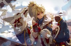 Rule 34 | 1girl, 2others, blonde hair, blue eyes, blue kimono, box, breath, brooch, canyne, commentary request, day, donation box, felyne, fingerless gloves, fingernails, fur, fur-trimmed sleeves, fur trim, gloves, highres, japanese clothes, jewelry, kanrinin (gyfp4747), kimono, long hair, monster hunter (series), monster hunter rise, mouth hold, multiple others, new year, ninja, own hands clasped, own hands together, ponytail, praying, red gloves, shrine, wide sleeves