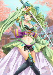 Rule 34 | 1girl, arm up, bad id, bad pixiv id, black thighhighs, bow, breasts, cleavage, detached sleeves, frills, green eyes, green hair, green skirt, hair bow, hydrokinesis, jewelry, long hair, lots of jewelry, matching hair/eyes, midriff, navel, original, pleated skirt, ponytail, shinki kakusei melty maiden, skirt, smile, solo, striped, striped bow, sword, tamashiro, thighhighs, water, weapon