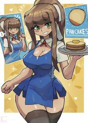 Rule 34 | 1girl, absurdres, apron, black thighhighs, blue apron, blue skirt, blush, bow, breasts, brown hair, butter, cleavage, cleavage cutout, clothing cutout, doki doki literature club, dollar sign, eyeshadow, food, green eyes, grin, hair bow, heart, highres, holding, index finger raised, large breasts, long hair, looking at viewer, makeup, monika (doki doki literature club), multiple views, neck ribbon, open mouth, pancake, pancake stack, plate, ponytail, red ribbon, ribbon, shirt, short sleeves, sidelocks, skirt, smile, sparkle, spoken dollar sign, standing, teeth, thick thighs, thighhighs, thighs, tony welt, upper body, waitress, white bow, white shirt, wide hips, yellow background