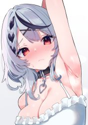 Rule 34 | 1girl, absurdres, arm up, armpits, bare shoulders, black collar, black hair, blush, braid, breasts, camisole, cleavage, closed mouth, collar, collarbone, colored tips, dutch angle, fang, frilled camisole, frills, frown, hair ornament, highres, hololive, large breasts, looking at viewer, medium hair, multicolored hair, red eyes, sakamata chloe, sidelocks, silver hair, simple background, skin fang, solo, spread armpit, sutora binsuke, sweat, two-tone hair, virtual youtuber, white background, white camisole, x hair ornament