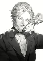 Rule 34 | 1boy, black bow, black bowtie, black coat, bow, bowtie, coat, collared shirt, commentary, cuso4 suiwabutu, fangs, fate (series), greyscale, highres, male focus, mephistopheles (fate), mephistopheles (formal dress) (fate), monochrome, open mouth, scissors, shirt, short hair, smile, solo, upper body, vampire, wavy hair, white eyes, white hair, white shirt