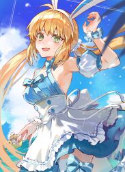 Rule 34 | 1boy, 1girl, ahoge, animal ears, apron, artoria caster (fate), artoria caster (swimsuit) (fate), artoria caster (swimsuit) (second acension) (fate), artoria caster (swimsuit) (second ascension) (fate), artoria pendragon (fate), bare shoulders, blonde hair, blue dress, blue sky, blush, buttons, chibi, commentary request, day, dress, fake animal ears, fate/grand order, fate (series), green eyes, highres, innertube, long hair, mini person, miniboy, oberon (fate), ocean, outdoors, poppoman, rabbit ears, sky, smile, sweat, swim ring, twintails, very long hair, waist apron, white apron