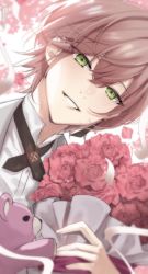 Rule 34 | 1boy, bouquet, confetti, cross tie, earrings, flower, gears, green eyes, hair between eyes, highres, holding, holding bouquet, holostars, jacket, jewelry, looking at viewer, male focus, official alternate costume, parted lips, petals, pink flower, pink hair, pink rose, rikka (holostars), rose, shirt, short hair, single earring, smile, solo, spanner (holostars), streamers, stuffed animal, stuffed toy, teddy bear, tsukky, upper body, virtual youtuber, white jacket, white shirt