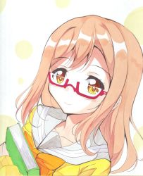Rule 34 | 1girl, artist name, artist request, blush, book, bow, bowtie, breasts, brown eyes, brown hair, buttons, cardigan, close-up, collarbone, eyebrows, female focus, glasses, grey sailor collar, hair between eyes, highres, holding, holding book, kunikida hanamaru, light brown hair, long hair, long sleeves, looking at viewer, love live!, love live! sunshine!!, orange bow, parted lips, sailor collar, school uniform, semi-rimless eyewear, skirt, sleeves past wrists, smile, solo, sweater, upper body, uranohoshi school uniform, vest, yellow cardigan, yellow eyes, yellow sweater