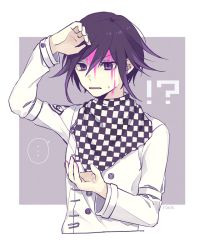 Rule 34 | !?, ..., 1boy, arm up, black hair, blood, blood on face, checkered clothes, checkered scarf, commentary request, cropped torso, danganronpa (series), danganronpa v3: killing harmony, grey background, hair between eyes, hand up, jacket, long sleeves, looking at viewer, male focus, multicolored hair, open mouth, oma kokichi, pink blood, purple background, purple eyes, purple hair, scarf, solo, spoken ellipsis, straitjacket, upper body, white background, white jacket, y0e0k