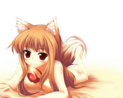 Rule 34 | 00s, 1girl, animal ears, apple, breasts, brown hair, food, fruit, holding, holding food, holding fruit, holo, legs up, long hair, lying, nipples, nude, on stomach, red eyes, small breasts, solo, spice and wolf, suga hideo, tail, wolf ears, wolf tail