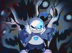 Rule 34 | 1boy, :d, animated, animated gif, artist name, blue eyes, bone, glowing, glowing eye, grin, hand in pocket, heart, kibstar, open mouth, outstretched arm, sans (undertale), shirt, shorts, skeleton, skull, slippers, smile, spoilers, teeth, undertale, white shirt