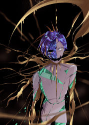 Rule 34 | 1other, androgynous, black background, blue hair, broken, crack, crying, crying with eyes open, crystal, crystal hair, crystal shard, dripping, gold, golden arms, highres, houseki no kuni, ko ryou, leaking, liquid, melting, missing eye, molten metal, open mouth, other focus, phosphophyllite, phosphophyllite (ll), shards, short hair, simple background, solo, spikes, spoilers, tears
