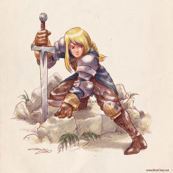 Rule 34 | 1girl, agrias oaks, arm guards, armor, blonde hair, blue eyes, boots, braid, braided ponytail, breastplate, breasts, brown eyes, final fantasy, final fantasy tactics, gloves, grass, knee pads, knight, long hair, parted lips, pauldrons, plant, rock, serious, shoulder armor, shoulder pads, single braid, solo, sword, weapon
