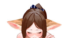 Rule 34 | 1girl, animal ear fluff, animal ears, arknights, blush, brown hair, chocolatice, closed eyes, commentary request, fox ears, implied fellatio, out of frame, perfumer (arknights), ponytail, sexually suggestive, short hair, simple background, solo, swept bangs, tears, upper body, white background