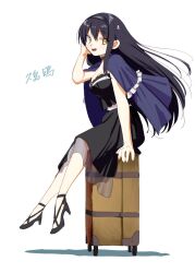 Rule 34 | 1girl, :d, arm at side, bare arms, benbe, black footwear, black hair, black hairband, black shirt, black skirt, blue capelet, blush, bone hair ornament, breasts, capelet, character name, cleavage, floating hair, frilled capelet, frills, full body, hair between eyes, hair ornament, hairband, hand up, happy, high heels, kushima kamome, large breasts, long hair, looking at viewer, no socks, open mouth, rolling suitcase, shirt, simple background, sitting, skirt, skull and crossbones, skull hair ornament, sleeveless, sleeveless shirt, smile, solo, straight hair, suitcase, summer pockets, teeth, tsurime, upper teeth only, very long hair, white background, yellow eyes