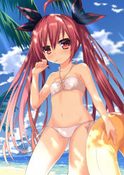 Rule 34 | 1girl, bikini, candy, cloud, cowboy shot, date a live, day, flat chest, food, halterneck, innertube, itsuka kotori, kmcgold30, light rays, lollipop, long hair, looking at viewer, mouth hold, navel, outdoors, palm tree, red eyes, red hair, side-tie bikini bottom, sky, solo, sunbeam, sunlight, swim ring, swimsuit, tree, twintails, white bikini