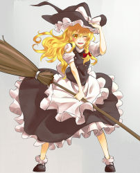 Rule 34 | 1girl, ;d, adjusting clothes, adjusting headwear, apron, bad id, bad pixiv id, black dress, black footwear, blonde hair, blush, bobby socks, bow, braid, broom, dress, frilled dress, frills, hair bow, hat, hat bow, highres, kirisame marisa, leaning forward, long hair, looking at viewer, mappe (778exceed), one eye closed, open mouth, puffy short sleeves, puffy sleeves, red bow, shoes, short sleeves, side braid, single braid, smile, socks, solo, touhou, waist apron, white bow, white socks, witch hat, yellow eyes