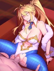 Rule 34 | 1boy, 1girl, artist request, artoria pendragon (all), artoria pendragon (fate), artoria pendragon (lancer) (fate), artoria pendragon (swimsuit ruler) (fate), blonde hair, breasts, clothed female nude male, clothing aside, couch, detached collar, fate/grand order, fate (series), large breasts, leotard, leotard aside, no panties, nude, pantyhose, penis, ponytail, sex, sitting, spread legs, tagme, torn clothes, vaginal