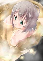 Rule 34 | 1girl, bath, breasts, commentary request, green eyes, grey hair, highres, kohshibasaki, looking at viewer, looking back, looking up, nude, onsen, partially submerged, short hair, sitting, small breasts, solo, steam, water, wet, yama no susume, yukimura aoi