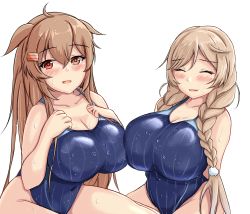 Rule 34 | 2girls, alternate costume, bare shoulders, blue one-piece swimsuit, braid, breasts, brown eyes, brown hair, cleavage, cloud hair ornament, competition school swimsuit, competition swimsuit, covered navel, from side, hair flaps, highres, kantai collection, large breasts, light brown hair, long hair, looking at viewer, minegumo (kancolle), montemasa, multiple girls, murasame (kancolle), one-piece swimsuit, parted bangs, red eyes, school swimsuit, simple background, swept bangs, swimsuit, thighs, twin braids, two side up, very long hair, wet, wet clothes, wet hair, wet swimsuit, white background