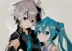 Rule 34 | 2girls, absurdres, androgynous, aqua eyes, aqua hair, aqua necktie, bare shoulders, black shirt, cigarette, commentary, crying, crying with eyes open, flower (vocaloid), flower (vocaloid4), grey shirt, hair ornament, hand on another&#039;s shoulder, hatsune miku, headphones, highres, holding, holding cigarette, long hair, looking at viewer, multicolored hair, multiple girls, necktie, note55885, parted lips, purple eyes, purple hair, purple neckwear, ringed eyes, shirt, short hair, sketch, sleeveless, sleeveless shirt, smoke, streaked hair, tears, twintails, upper body, vocaloid, white hair