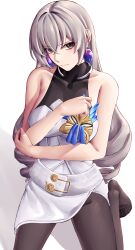 Rule 34 | 1girl, absurdres, bare arms, bare shoulders, black pantyhose, breasts, bronya rand, commentary request, dress, earrings, grey eyes, grey hair, highres, honkai: star rail, honkai (series), jewelry, kneeling, long hair, looking at viewer, medium breasts, pantyhose, pyeong-il pyeongil, simple background, sleeveless, sleeveless dress, solo, very long hair, white background, white dress