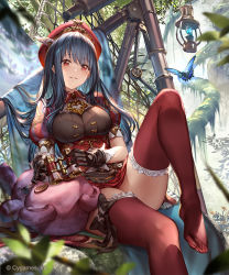 Rule 34 | 1girl, 77gl, binoculars, black bow, black hair, bow, breasts, bug, butterfly, frilled thighhighs, frills, hat, insect, long hair, looking at viewer, medium breasts, puffy short sleeves, puffy sleeves, red eyes, red thighhighs, shingeki no bahamut, short sleeves, sitting, solo, telescope, thighhighs