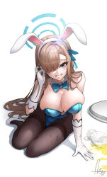 Rule 34 | 1girl, absurdres, animal ears, asuna (blue archive), asuna (bunny) (blue archive), blue archive, blue eyes, bow, bowtie, breasts, cleavage, cup, dasoin, detached collar, drinking glass, fake animal ears, gloves, hair over one eye, halo, highres, large breasts, leotard, long hair, looking at viewer, mole, mole on breast, official alternate costume, pantyhose, playboy bunny, rabbit ears, smile, solo, spill, thighs, white gloves, wine glass
