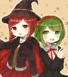 Rule 34 | 2girls, black coat, black dress, black jacket, blush, brown shirt, cape, child, coat, danganronpa (series), danganronpa another episode: ultra despair girls, danganronpa v3: killing harmony, dress, green eyes, green hair, hair ornament, hat, jacket, looking at another, looking at viewer, magician, matching hair/eyes, medium hair, multiple girls, neck ribbon, open mouth, pleated skirt, red cape, red eyes, red hair, red ribbon, red skirt, ribbon, shirt, simple background, skirt, star (symbol), swastika, teeth, tongue, towa monaca, underwear, upper body, upper teeth only, witch hat, yumeno himiko