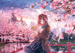Rule 34 | 1girl, animal, bag, bird, blazer, blue bow, blue eyes, blue skirt, bow, branch, brown hair, brown jacket, cherry blossoms, closed mouth, cloud, cloudy sky, commentary request, dress shirt, duck, flower, hanekoto, holding, holding umbrella, jacket, open clothes, open jacket, original, outdoors, petals, petals on liquid, pink flower, plaid, plaid skirt, pleated skirt, railing, school bag, school uniform, shirt, skirt, sky, smile, solo, sunset, transparent, transparent umbrella, tree, umbrella, water, white shirt