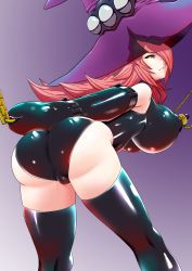Rule 34 | 1girl, absurdres, arc system works, artist request, ass, bare shoulders, bdsm, black sclera, blazblue, bondage, bound, breasts, cameltoe, chain, colored sclera, from behind, hair over one eye, hat, highres, huge ass, konoe a. mercury, large breasts, latex, leaning, leaning forward, leotard, long hair, nipple chain, nipple clamps, nipple piercing, piercing, pink hair, shiny clothes, shiny skin, sideboob, solo, thighhighs, yellow eyes