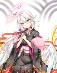 Rule 34 | 1girl, angel wings, breasts, feathered wings, fictional persona, halo, heart, heterochromia, ikasoke (likerm6au), japanese clothes, kimono, long hair, looking at viewer, low wings, magic circle, medium breasts, multicolored hair, no game no life, purple eyes, silver hair, smile, solo, very long hair, white wings, wing ears, wings, yellow eyes