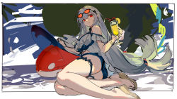 Rule 34 | 1girl, absurdres, arknights, ass, bare shoulders, beach umbrella, black-framed eyewear, blue shorts, breasts, closed mouth, cup, day, drink, drinking glass, eyewear on head, grey hair, grey shirt, hat, highres, holding, holding cup, large breasts, long hair, looking at viewer, low-tied long hair, lying, mento, official alternate costume, on side, orange-tinted eyewear, outdoors, red eyes, sandals, shirt, short shorts, shorts, skadi (arknights), skadi (waverider) (arknights), sketch, solo, sun hat, sunglasses, thigh strap, tinted eyewear, umbrella, unworn headwear, very long hair, white hat
