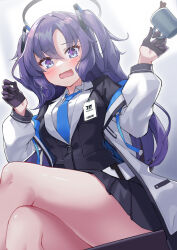 Rule 34 | 1girl, absurdres, black gloves, black halo, black jacket, black skirt, blue archive, blue necktie, blush, breasts, coffee, coffee cup, collared shirt, crossed legs, cup, disposable cup, gloves, halo, highres, holding, holding cup, jacket, looking at viewer, medium breasts, necktie, open mouth, purple eyes, purple hair, shinori (efvbji6264), shirt, skirt, triangle hair ornament, two side up, white jacket, white shirt, yuuka (blue archive)