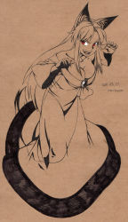 Rule 34 | 1girl, absurdres, animal ears, bare shoulders, breasts, cleavage, collarbone, dress, fangs, fingernails, highres, imaizumi kagerou, large breasts, layered dress, long dress, long hair, long sleeves, looking at viewer, monochrome, mushroom (osh320), off shoulder, red eyes, sharp fingernails, smile, solo, spot color, tail, touhou, wolf ears, wolf tail