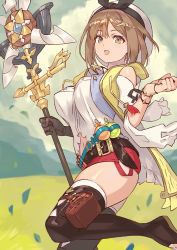 Rule 34 | 1girl, atelier (series), atelier ryza, atelier ryza 1, belt, beret, blush, breasts, brown belt, brown eyes, brown gloves, brown hair, brown thighhighs, cleavage, collarbone, gloves, hair ornament, hairclip, hat, highres, holding, holding staff, jewelry, looking at viewer, medium breasts, navel, necklace, open mouth, outdoors, red shorts, reisalin stout, short shorts, shorts, single glove, solo, staff, standing, standing on one leg, star (symbol), star necklace, tecmo, teeth, thighhighs, thighs, upper teeth only, white hat, white thighhighs, yagi2013