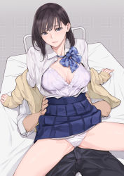Rule 34 | 1boy, 1girl, arm support, bed, bed frame, bed sheet, black eyes, black hair, black pants, blue neckwear, blue skirt, bow, bowtie, breasts, cleavage, clothes lift, collared shirt, hands on own hips, highres, light blush, lingerie, long hair, long sleeves, looking at viewer, loose necktie, medium breasts, necktie, negligee, on bed, open clothes, open shirt, original, panties, pants, plaid neckwear, pleated skirt, school uniform, shirt, shirt tucked in, sitting, sitting on person, skirt, skirt lift, sleeves rolled up, spread legs, underwear, uniform, white panties, yamaishi (mukoubuti)