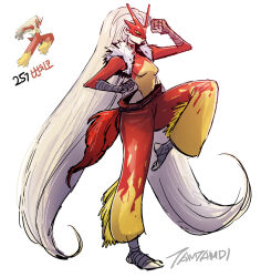 1girl blaziken clenched_hands closed_mouth commentary creatures_(company) flame_print full_body game_freak gen_3_pokemon leotard long_hair mask nintendo pants personification pokemon pokemon_(creature) red_pants reference_inset signature simple_background standing standing_on_one_leg tamtamdi translated very_long_hair white_background white_hair yellow_eyes