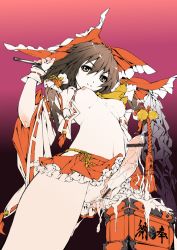 Rule 34 | 1futa, bar censor, bow, box, breasts, brown hair, censored, cum, detached sleeves, donation box, from below, futanari, gohei, hair bow, hair ornament, hakurei reimu, has uncensored version, japanese clothes, looking at viewer, md5 mismatch, miko, nipples, no panties, open clothes, penis, pussy, shide, smile, solo, touhou, transpot nonoko, wrist cuffs, yellow eyes