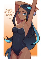 Rule 34 | 1girl, alternate costume, armpits, arms up, bare shoulders, black hair, black one-piece swimsuit, blue eyes, blue hair, breasts, cleavage, collarbone, covered navel, cowboy shot, creatures (company), dark-skinned female, dark skin, earrings, english text, game freak, gradient background, groin, hair ornament, hoop earrings, jewelry, long hair, looking at viewer, medium breasts, multicolored hair, nessa (pokemon), nintendo, one-piece swimsuit, open mouth, orange background, outline, outside border, patreon username, pokemon, pokemon swsh, raised eyebrows, satelyte, skin tight, solo, speech bubble, streaked hair, stretching, swimsuit, talking, tight clothes, two-tone hair