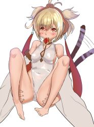 Rule 34 | 1girl, ahoge, andira (granblue fantasy), animal ears, bare legs, bare shoulders, barefoot, blonde hair, blush, breasts, cat ears, cat girl, cat tail, covered erect nipples, detached sleeves, fur trim, granblue fantasy, hair between eyes, in mouth, legs up, looking at viewer, medium breasts, monkey ears, monkey girl, monkey tail, short twintails, sideboob, simple background, solo, spread legs, tail, tail wagging, twintails, ukimukai, white background, wide sleeves