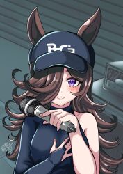 Rule 34 | 1girl, absurdres, animal ears, artist name, baseball cap, black hat, blush, bodysuit, breasts, brown hair, closed mouth, ears through headwear, hair over one eye, hand on own chest, hand up, hat, highres, holding, horse ears, juliet sleeves, long hair, long sleeves, looking at viewer, puffy sleeves, purple eyes, rice shower (boc&#039;z) (umamusume), rice shower (umamusume), shian (sian8882), single bare shoulder, single sleeve, small breasts, smile, solo, turtleneck, umamusume, upper body