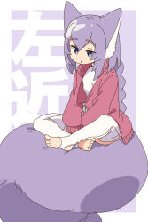 Rule 34 | 1girl, animal ear fluff, animal ears, blue eyes, braid, commentary request, highres, jacket, kagura roku, large tail, long hair, no shoes, open clothes, open jacket, original, parted lips, pink jacket, purple background, purple hair, shirt, single braid, sitting, solo, stirrup legwear, tail, text background, thighhighs, toeless legwear, two-tone background, very long hair, white background, white shirt, white thighhighs