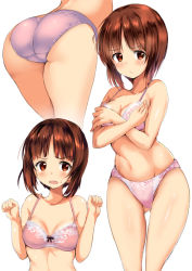 Rule 34 | 10s, 1girl, ass, bare arms, bare legs, bare shoulders, black bra, blush, bow, bow bra, bra, breast hold, breasts, brown eyes, brown hair, cleavage, girls und panzer, gluteal fold, hands up, medium breasts, multiple views, nishizumi miho, panties, pink bra, pink panties, ponytail korosuke, simple background, sweatdrop, thigh gap, underwear, underwear only, white background
