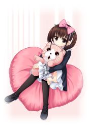 Rule 34 | 1girl, black thighhighs, bow, brown eyes, brown hair, hair bow, heart, highres, pillow, purapa, real life, sitting, sitting on object, smile, solo, stuffed toy, tamura yukari, thighhighs, voice actor