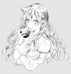 Rule 34 | 1girl, apple, bra, cropped torso, dress shirt, floating hair, food, fruit, greyscale, hair between eyes, holding, holding food, long hair, looking at viewer, meitantei conan, monochrome, mouri ran, off shoulder, open clothes, open shirt, ro-a, shirt, sketch, solo, underwear, upper body, very long hair